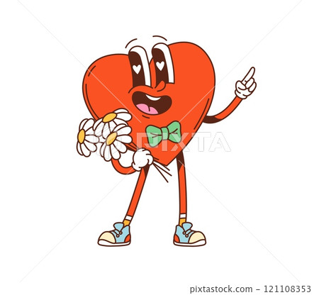 Cartoon groovy valentine heart character with a green bowtie, holding daisies bouquet and showcasing cheerful expression. Isolated vector retro personage, symbol of love and affection with y2k vibe Cartoon groovy valentine heart character with a green bowtie, holding daisies bouquet and showcasing cheerful expression. Isolated vector retro personage, symbol of love and affection with y2k vibe 121108353