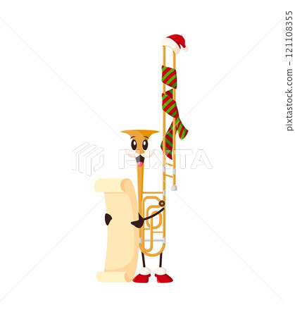Cartoon trombone musical instrument character wearing Santa hat and striped scarf holding a parchment scroll or a wish list, brings Christmas cheer and festive winter holiday spirit for celebration Cartoon trombone musical instrument character wearing Santa hat and striped scarf holding a parchment scroll or a wish list, brings Christmas cheer and festive winter holiday spirit for celebration 121108355