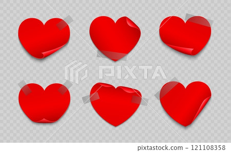 Love heart stickers of valentine day holiday. Vector red heart shaped paper sticky notes with curled edges, glued with tape evoke feelings of love, affection and emotions for romantic date or wedding 121108358