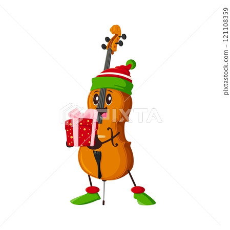 Cartoon cello or double bass character in festive hat holds decorated Christmas gift exudes winter holiday spirit. Isolated vector cheerful and charming musical instrument personage with a present box Cartoon cello or double bass character in festive hat holds decorated Christmas gift exudes winter holiday spirit. Isolated vector cheerful and charming musical instrument personage with a present box 121108359