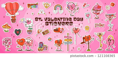 Stickers pack of groovy valentine characters and symbols. Cartoon hot air balloon, mushroom, heart, daisy flower and rainbow. Lollipop, chocolate candy, disco ball, letter, cupcake, cocktail and dice 121108365