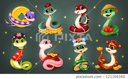 2025 lunar year funny cartoon snake characters for Chinese holiday, vector personages. Funny snakes in traditional Hanfu costumes with gold coin and sycee ingot for 2025 Chinese New Year calendar 121108368