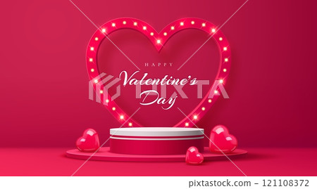 Valentines day podium stage with light frame and glossy hearts decorations. Realistic 3d vector elegant scene, vibrant red background highlights the festive atmosphere of love, celebration and romance 121108372
