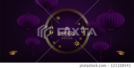 Chinese New Year .Purple greeting card with round gold frame 121108541