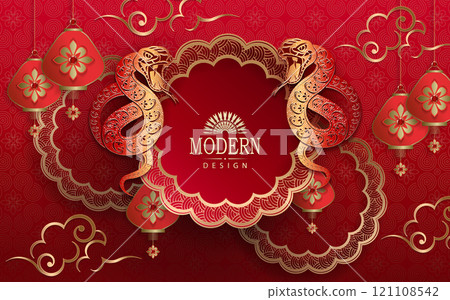Happy Chinese New Year, textured red illustration with isolated snakes and figured frame 121108542