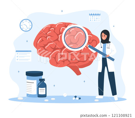 Neurologist concept. Islamic Woman in medical uniform with magnifying glass analyzes internal organ. Research scientist. Vector illustration in flat cartoon style Neurologist concept. Islamic Woman in medical uniform with magnifying glass analyzes internal organ. Research scientist. Vector illustration in flat cartoon style 121108921