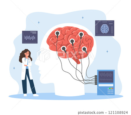 Neurologist concept. Woman in medical uniform examine human brain. Electroencephalography. Brain Connected to Display with EEG Indication. Vector illustration in flat cartoon style 121108924
