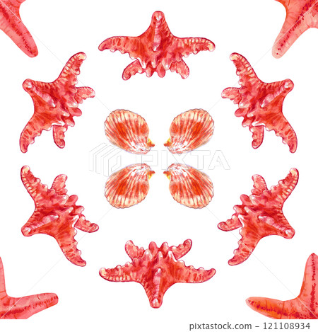 Pattern of starfish in a circle creatures underwater world in watercolor. Asterias Rubens in reddish with a central disk and five arms. The common Starfish, common Sea Star or Sugar Starfish is drawn 121108934