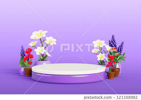 3d product podium with flowers in pot on purple background. Spring scene with bouquet of red poppy, lupine, tropical frangipani tree in studio room, cylinder display platform render. 3D illustration 121108982