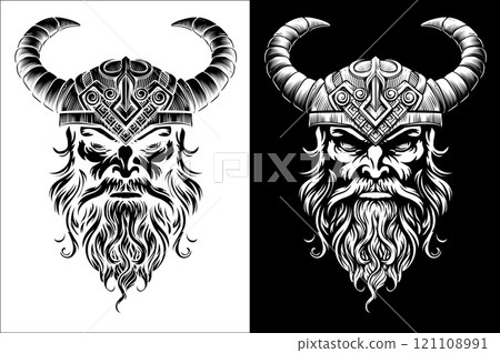Viking Warrior Man Strong Mascot Face in Helmet 121108991