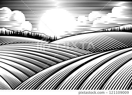 Rolling Hills Drawing In A Vintage Woodcut Style 121109009