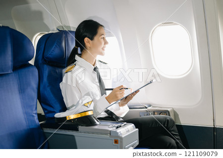 Asian Confident Feale pilot in uniform leaning at the passenger seat while standing inside of the airplane flight cockpit during takeoff Asian Confident Feale pilot in uniform leaning at the passenger seat while standing inside of the airplane flight cockpit during takeoff 121109079