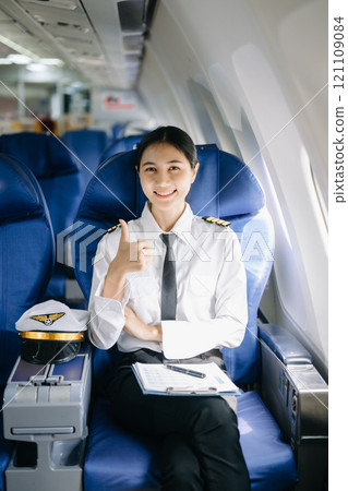 Asian Confident Female pilot in uniform leaning at the passenger seat while standing inside of the airplane flight cockpit during takeoff 121109084