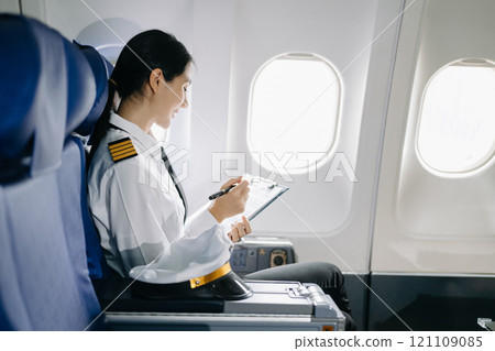 Asian Confident Feale pilot in uniform leaning at the passenger seat while standing inside of the airplane flight cockpit during takeoff 121109085