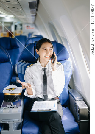Asian Confident Female pilot in uniform leaning at the passenger seat while standing inside of the airplane flight cockpit during takeoff 121109087