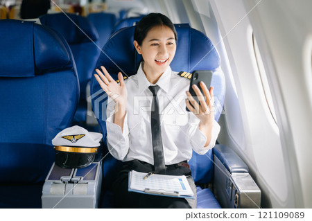 Asian Confident Female pilot in uniform leaning at the passenger seat while standing inside of the airplane flight cockpit during takeoff 121109089