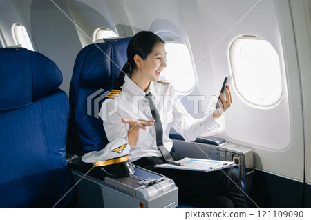 Asian Confident Female pilot in uniform leaning at the passenger seat while standing inside of the airplane flight cockpit during takeoff Asian Confident Female pilot in uniform leaning at the passenger seat while standing inside of the airplane flight cockpit during takeoff 121109090