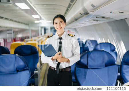 Asian Confident Female pilot in uniform leaning at the passenger seat while standing inside of the airplane flight cockpit during takeoff 121109123
