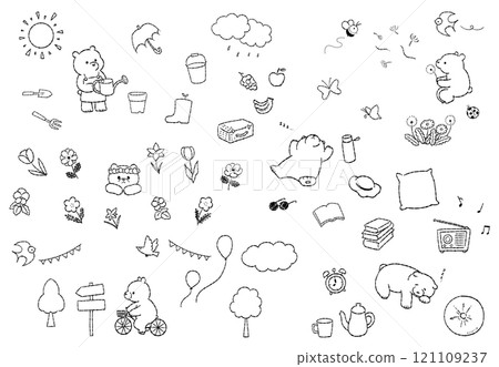Spring bear hand drawn line drawing illustration set 121109237