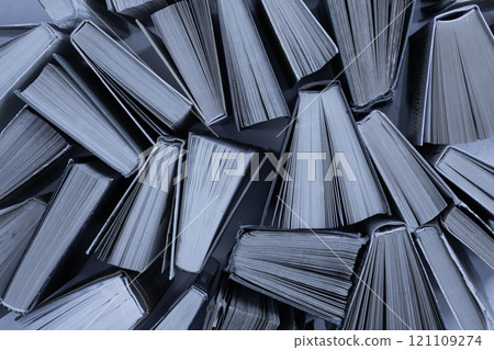 Book background. Old books in the library. Bookshelf shop. Knowledge publications, literature. Bookish bookstore, bookshop. Flatlay top view. 121109274