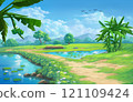 The nature illustration in the morning is very colorful and beautiful. 121109424