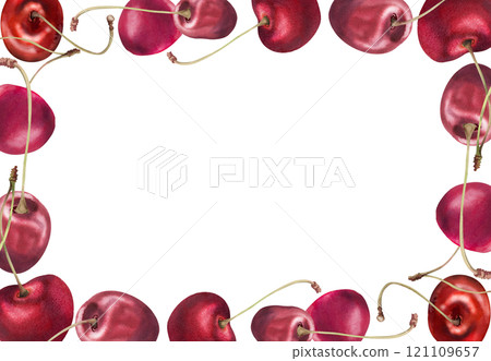 Sweet sour red cherry berries on stems, hand drawn in watercolor, scattered ripe cerise drupes. Horizontal border frame isolated illustration. For restaurant cafe dessert menu, wedding, farmers market Sweet sour red cherry berries on stems, hand drawn in watercolor, scattered ripe cerise drupes. Horizontal border frame isolated illustration. For restaurant cafe dessert menu, wedding, farmers market 121109657