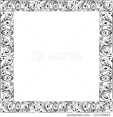 Mexican Arabic Mediterranean Moroccan mosaic motif, azulejo wall floor glazed tile ornament. Isolated border square frame. Hand drawn ink vector illustration. Design brochure, home decor architecture Mexican Arabic Mediterranean Moroccan mosaic motif, azulejo wall floor glazed tile ornament. Isolated border square frame. Hand drawn ink vector illustration. Design brochure, home decor architecture 121109663