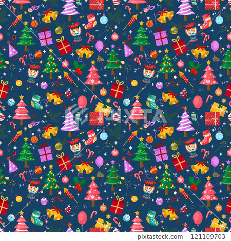 New Year, Christmas, New Year trees, Christmas tree decorations, serpentine, stars, seamless pattern 121109703
