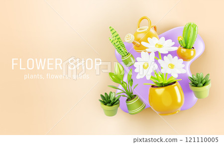 3d flower shop banner. House plants in pot, chamomile bouquet, cactus, green bushes and trees with watering can render. Florist store poster, order and delivery of flowers concept. 3D illustration 121110005