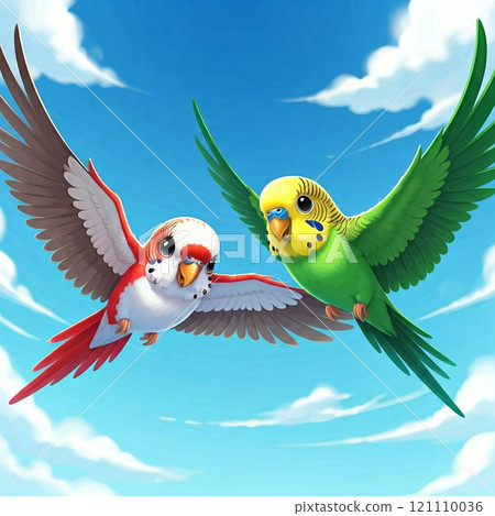 “兩隻美麗的長尾小鸚鵡在天上飛翔” 121110036