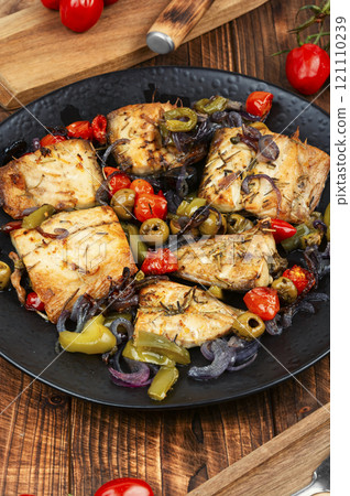Baked mackerel stuffed with vegetables. Baked mackerel stuffed with vegetables. 121110239