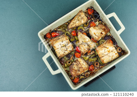 Baked mackerel stuffed with vegetables. 121110240