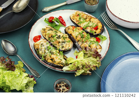Baked eggplant with pieces meat. Baked eggplant with pieces meat. 121110242