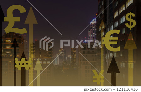 Various currency symbols and growth arrow overlay on skyscraper city at the night time background. Business finance technology and investment concept. 121110410