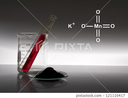 Potassium permanganate (KMnO4) with chemical structure, a common chemical compound that combines manganese oxide ore with potassium hydroxide. 121110417
