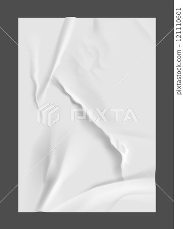 Adhesive paper. Crumpled page. Wrinkled background. Sticky label. Ripped rough texture. Blank notepaper mockup. Glued note. White empty sticker with creases. Wet surface effect. Vector grunge sheet Adhesive paper. Crumpled page. Wrinkled background. Sticky label. Ripped rough texture. Blank notepaper mockup. Glued note. White empty sticker with creases. Wet surface effect. Vector grunge sheet 121110601