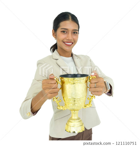 Successful asian businesswoman holding a prestigious trophy triumphantly, a symbol of her professional achievement, displayed confidently on a clean white background. Isolated 121110751