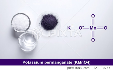 Potassium permanganate (KMnO4) with chemical structure, a common chemical compound that combines manganese oxide ore with potassium hydroxide. 121110753