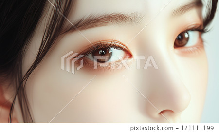 一位年輕亞洲女性的眼睛、睫毛和眉毛的美麗妝容的特寫 一位年輕亞洲女性的眼睛、睫毛和眉毛的美麗妝容的特寫 121111199