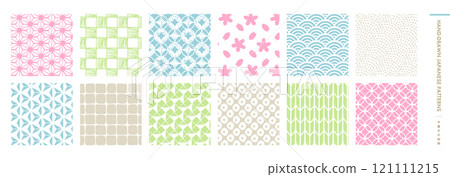 Background pattern material with hand-drawn Japanese patterns, perfect for New Year's greetings and spring Japanese scenes, including cherry blossom patterns and Seigaiha waves 121111215