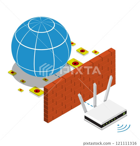 Isometric wireless WiFi router device protected by software firewall. Global network telecommunications security. 3D vector isolated on white background top view at an angle Isometric wireless WiFi router device protected by software firewall. Global network telecommunications security. 3D vector isolated on white background top view at an angle 121111316