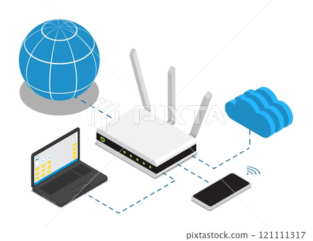 Isometric wireless WiFi router device. Global network of devices connected to communications hub. 3D vector isolated on white background top view at an angle Isometric wireless WiFi router device. Global network of devices connected to communications hub. 3D vector isolated on white background top view at an angle 121111317