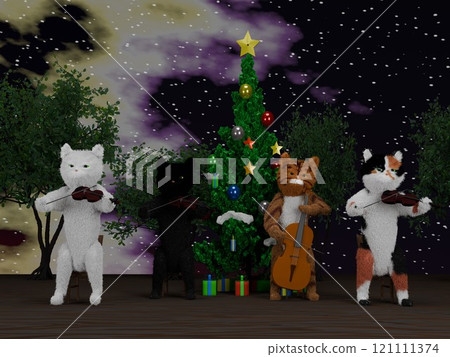Christmas tree under the starry sky and cat string quartet Christmas tree under the starry sky and cat string quartet 121111374