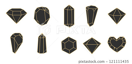 Crystal gemstone polygon stone, contour gem, polyhedron minimal. Elegant outline geometric quartz, jewel. Mineral linear icon. 121111435