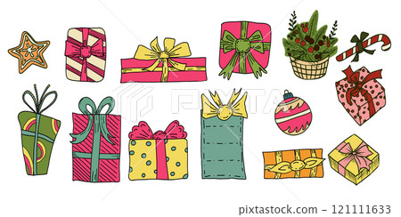 Hand drawn vector set of christmas doodle gift boxies. 121111633