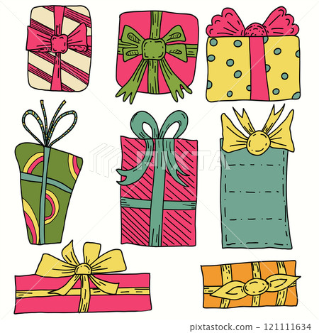 Hand drawn vector set of christmas doodle gift boxies. 121111634