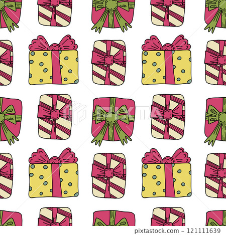 Hand drawn doodle seamless pattern with colorful gift boxies. 121111639