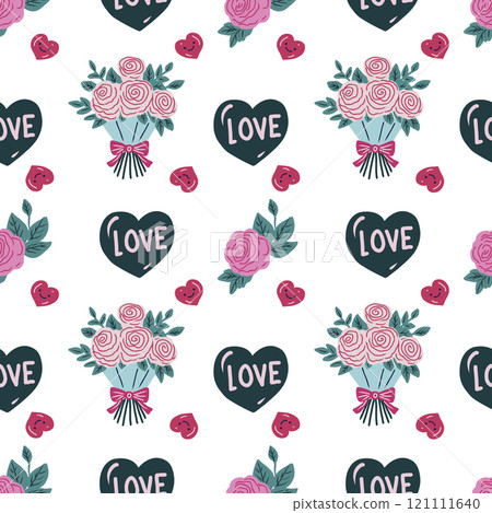Hand drawn cute Happy Valentine's seamless pattern with  hearts and roses. 121111640