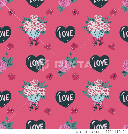 Hand drawn cute Happy Valentine's seamless pattern with  hearts and roses. 121111641