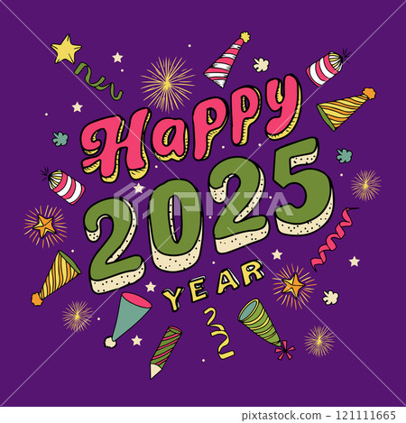 Happy New Year 2025 vector card. Hand drawn doodles. 121111665